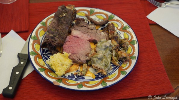 My plate: prime rib, roasted rib, corn casserole. green bean casserole, stuffing