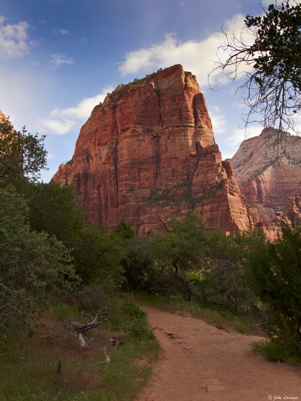 A river's side view of Angels Landing
