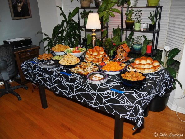 The snack table was loaded, vegan on the left, meat on the right