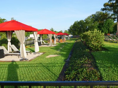 Swimming pool cabanas, each with a fridge!